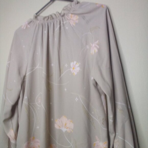 Kaari Blue Shirt Blouse L Long Sleeve Ruffle V-Neck Floral Tan Pink - Picture 16 of 16